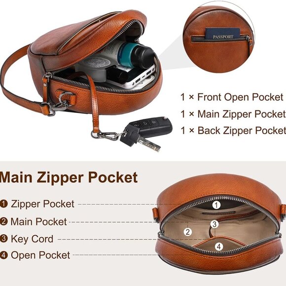 Leather Crossbody Bags for Women, Circle Purse Shoulder Bag, Fashion Round Handb - Picture 5 of 6